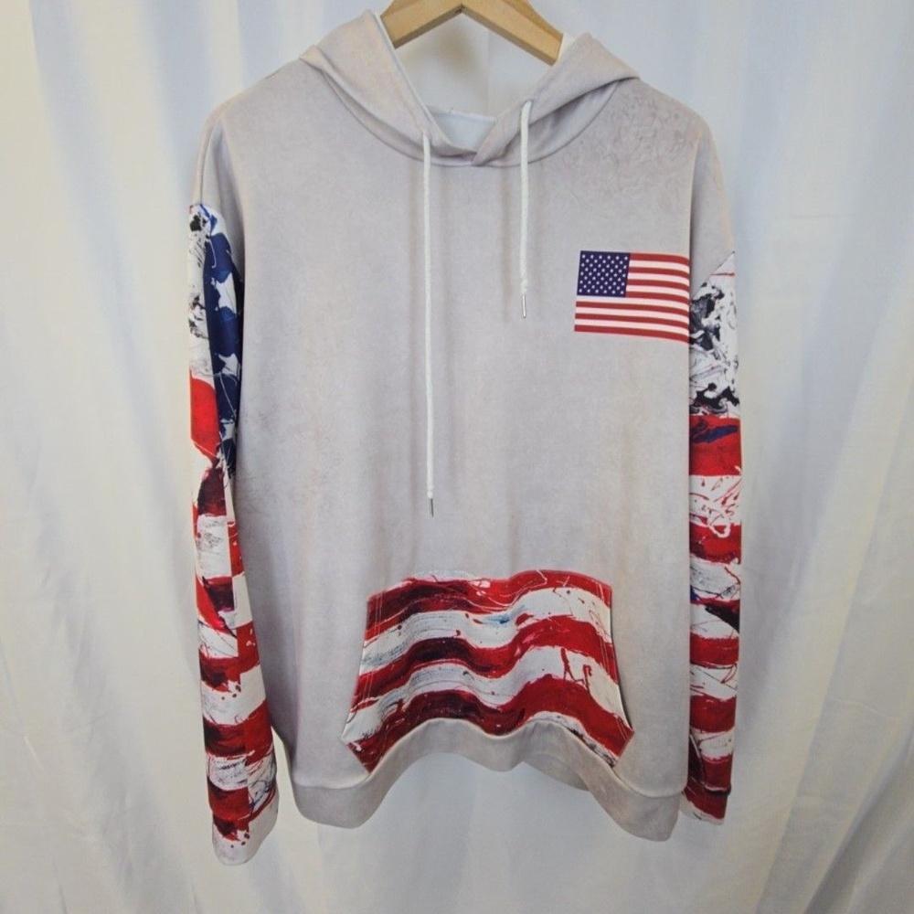 Hoodie Mens 4XL Multicolor USA Flag Stars Stripes Pullover Pocket Patriotic